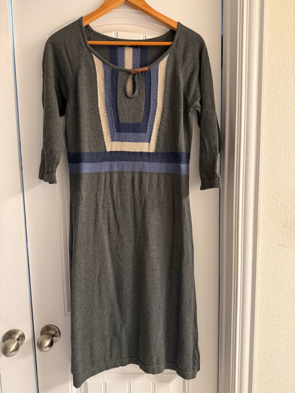 Gray Knit Large Midi Dress with Blue & Cream Accent